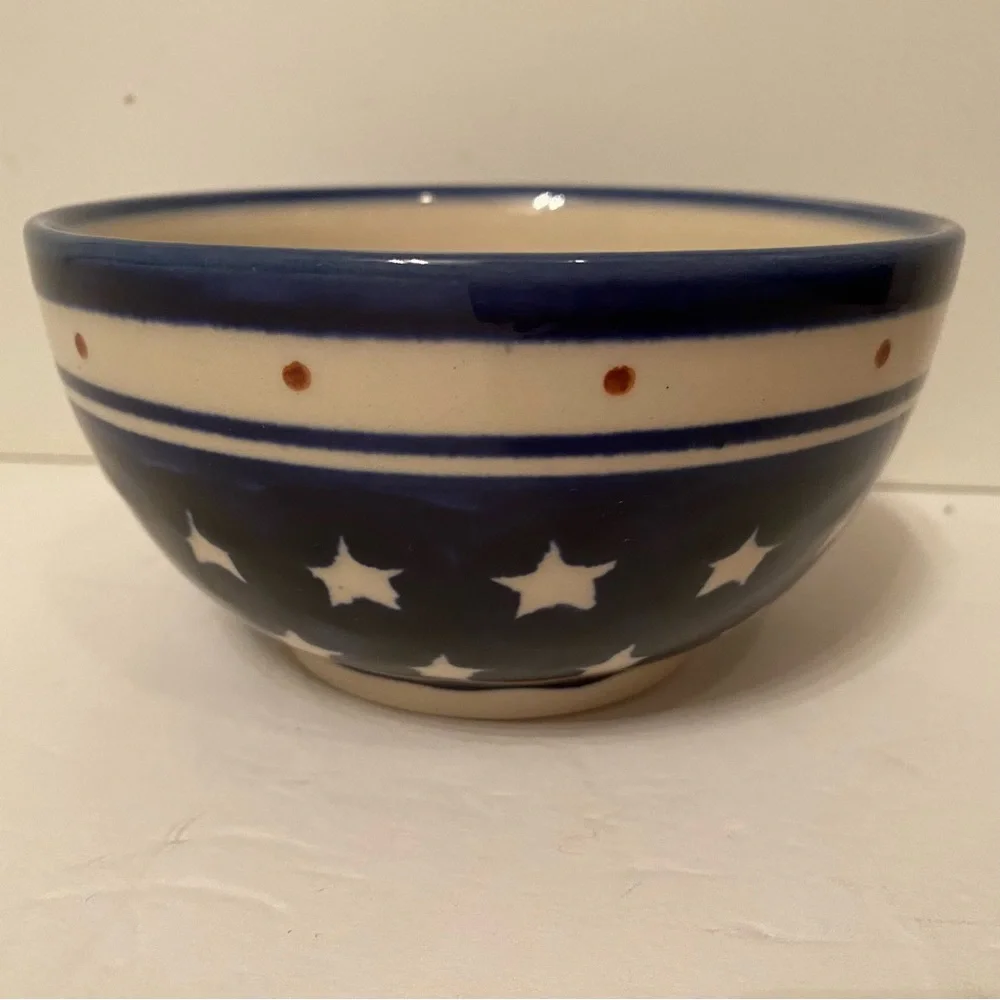 POLISH POTTERY BOWL BLUE WHITE STARS HANDMADE HOME DINING CEREAL FRUIT DINNER